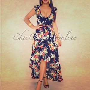Navy Multi-Color Floral High-Low Dress